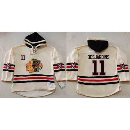 Men Chicago Blackhawks 11 Andrew Desjardins Cream Heavyweight Pullover Hoodie Stitched NHL Jersey